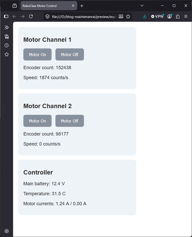 Web interface for RoboClaw motor control served by the ESP32, with motor buttons and live telemetry