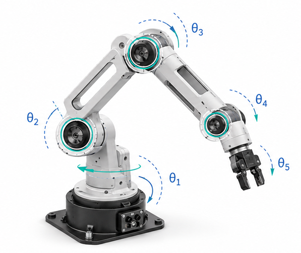 Illustration of a robotic arm with markings at each joint axis where an encoder provides position feedback