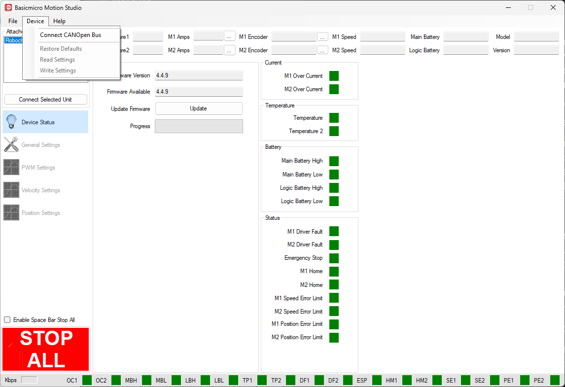 The Device menu open in BasicMicro Motion Studio with an arrow indicating the Write Settings option
