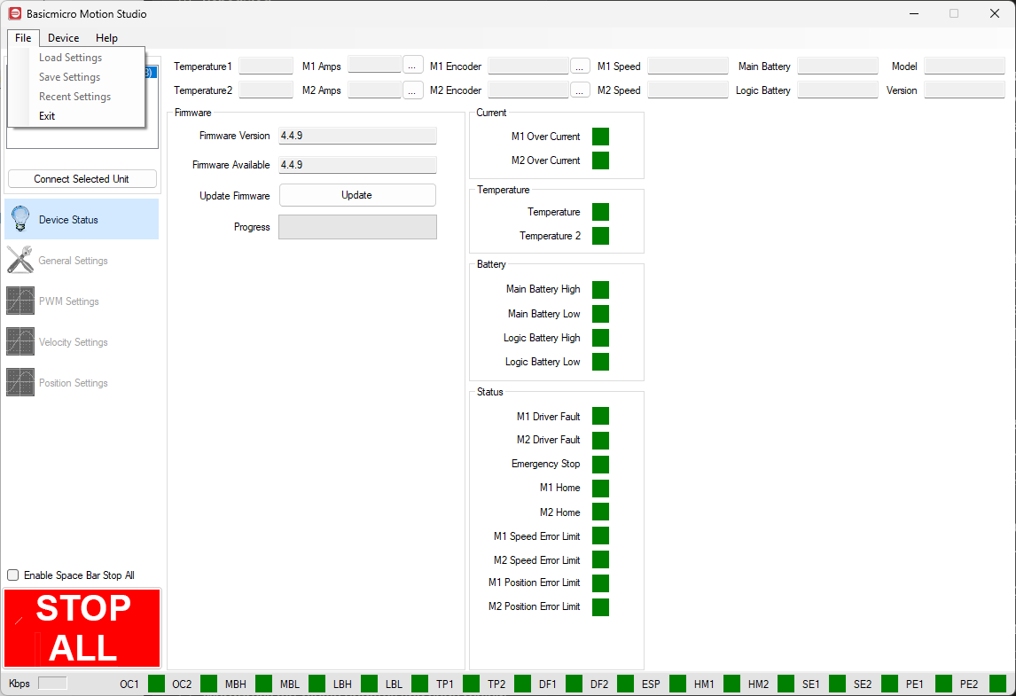 The File menu open in BasicMicro Motion Studio showing the Load Settings, Save Settings, and Recent Settings options