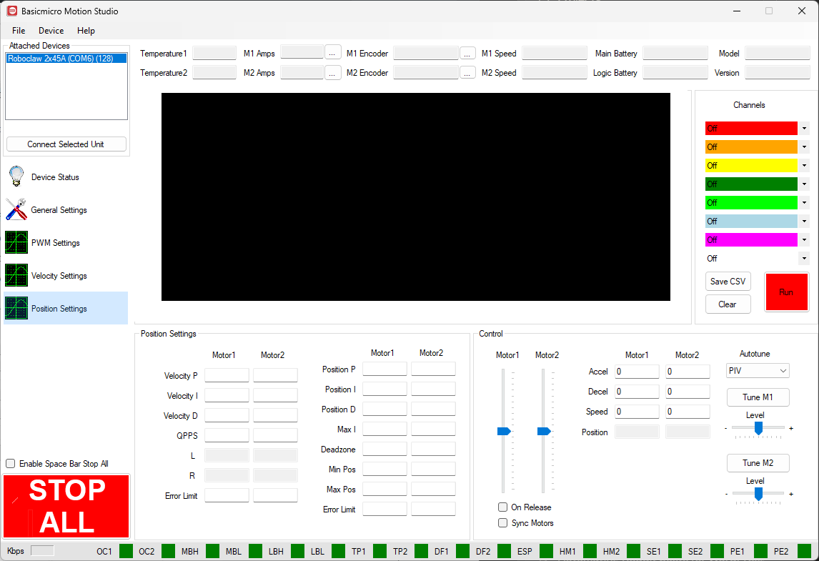 The Position Settings screen in BasicMicro Motion Studio with arrows indicating the graph, the Position Settings entry in the screen list, the Position Settings section, and the Control section