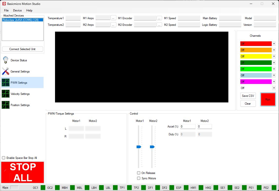 The PWM Settings screen in BasicMicro Motion Studio with arrows indicating the graph, the PWM Settings entry in the screen list, the PWM/Torque Settings section, and the Controls section