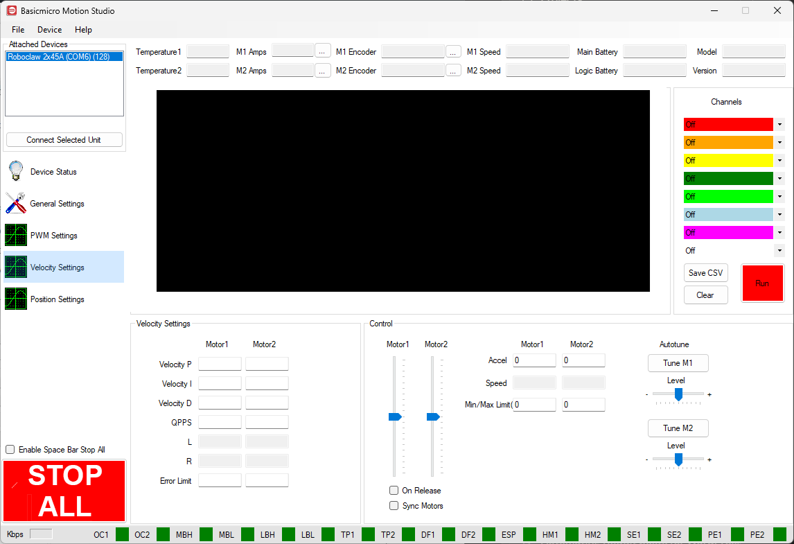 The Velocity Settings screen in BasicMicro Motion Studio with arrows indicating the graph, the Velocity Settings entry in the screen list, the Velocity Settings section, and the Control section