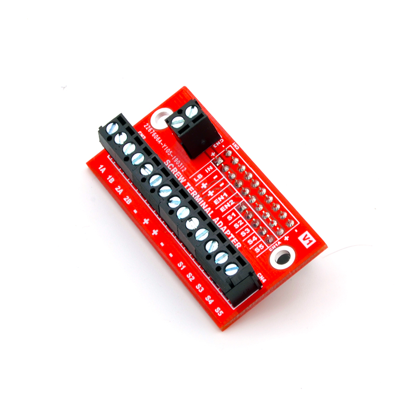 RoboClaw Screw Terminal Adapter installed on a RoboClaw motor controller, routing the pin header I/O to screw terminals