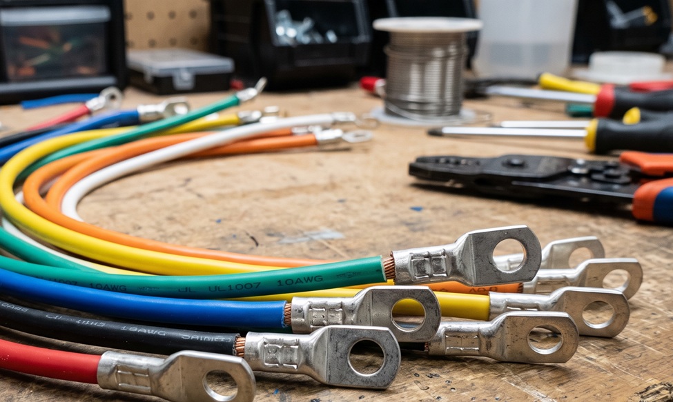 Stranded wires in assorted colors terminated with crimped ring terminal lugs, with a crimping tool and solder spool on the workbench behind them